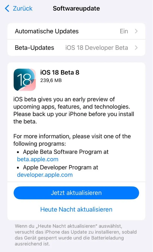 光村镇苹果手机维修分享苹果 iOS / iPadOS 18 开发者预览版 Beta 8 发布 
